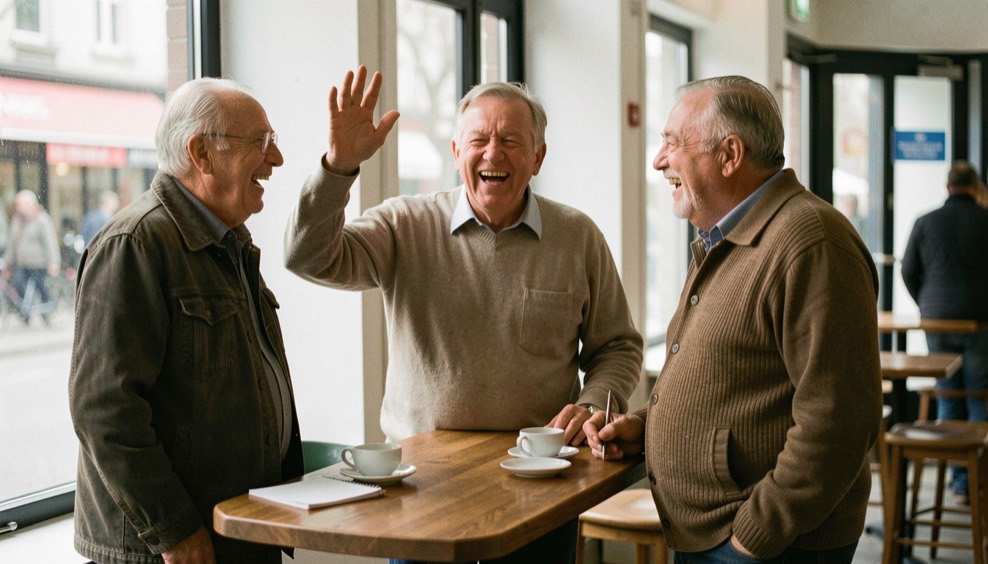 Drei ältere Männer stehen an einem Stehtisch, einer erzählt mit erhobener Hand, die anderen lachen.