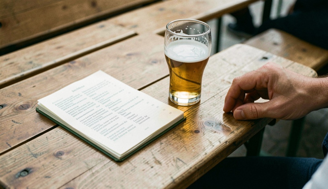 Ein dünnes, aufgeschlagenes Liederheft liegt auf einer Bierbank, daneben ein halb volles Glas und die Hand eines Sängers.