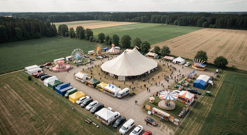 Aus der Vogelperspektive liegt ein Festplatz mit großem Zelt, Fahrgeschäften und Parkflächen zwischen Feldern und Waldrand.