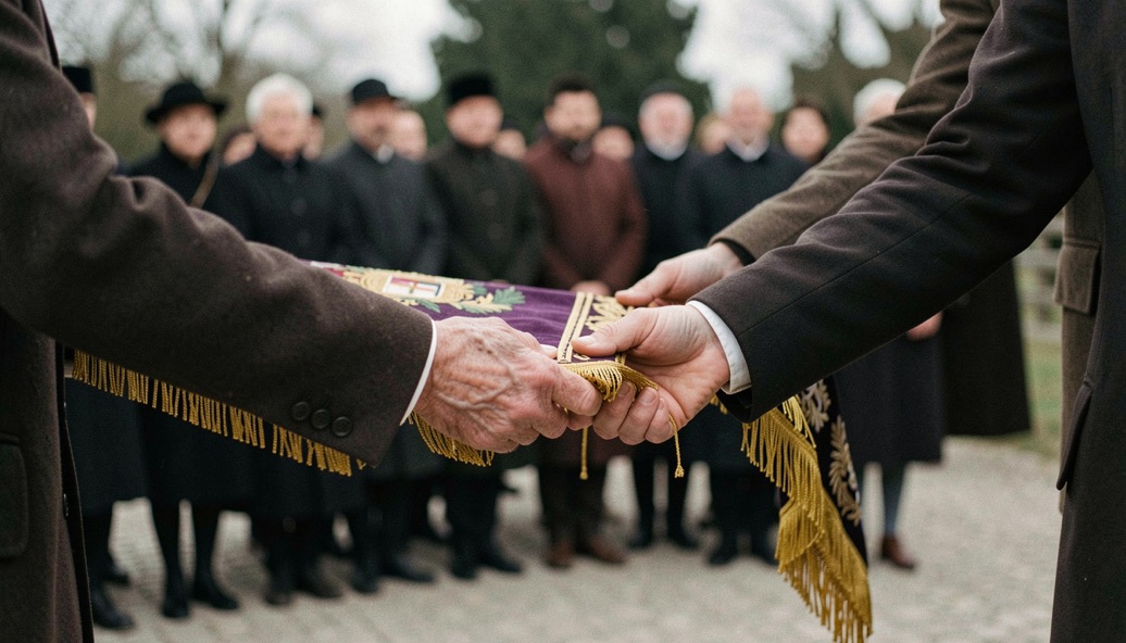 Ältere Hände reichen einer jüngeren Person eine schwere, gestickte Fahne, im Hintergrund unscharf eine Gruppe in dunkler Kleidung.