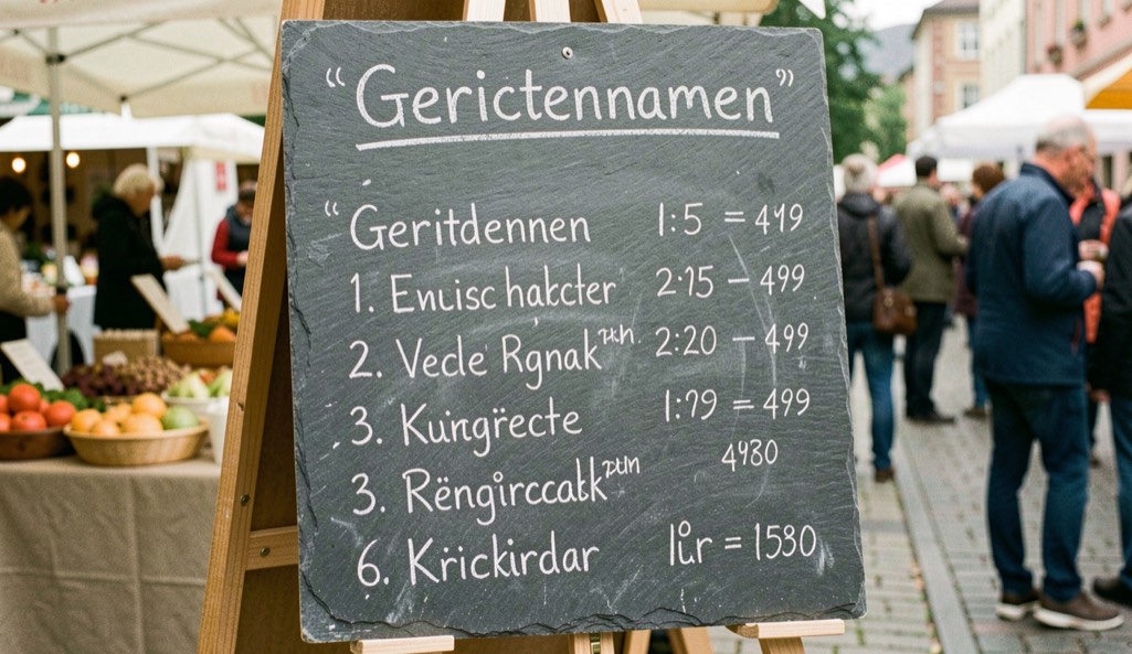 Eine handgemalte Schiefertafel an einem Stand nennt Gerichtenamen im Dialekt, darunter kleine Preise in Kreide.