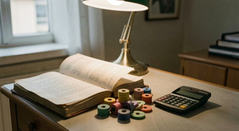 Nach Feierabend liegen ein aufgeschlagenes Kassenbuch, Rollen bunter Wertmarken und ein Taschenrechner auf einem Tresen unter einer Lampe.