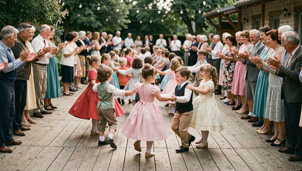 Kinder tanzen am Sonntagnachmittag in einer langen Polonaise über einen hölzernen Tanzboden, Erwachsene klatschen am Rand.