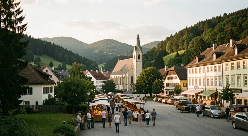 Eine Kleinstadt zwischen bewaldeten Hügeln am späten Nachmittag, Kirchturm und Marktplatz liegen im warmen Licht.
