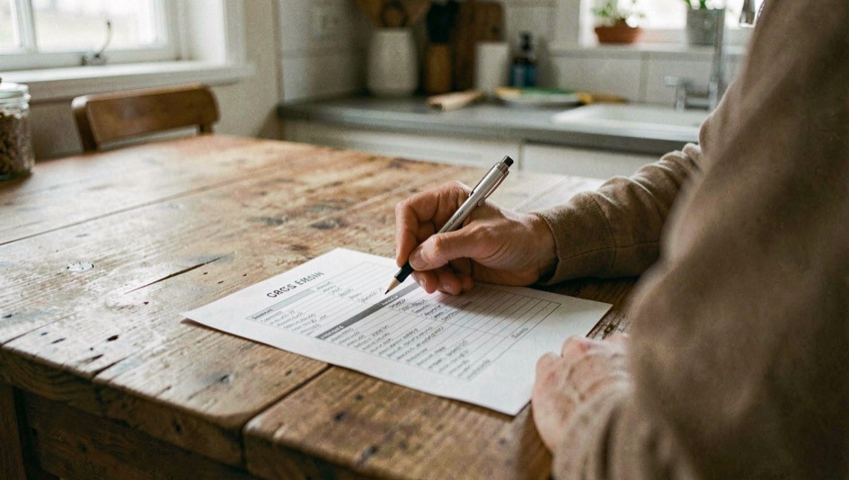 Eine Person geht am Küchentisch eine ausgedruckte Adressliste durch und streicht mit Bleistift Einträge an.