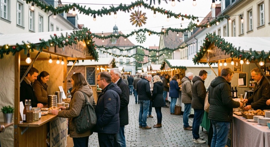 Am frühen Freitagabend füllt sich ein Marktplatz, über den Ständen hängen Girlanden, die ersten Gäste stehen an der Theke.