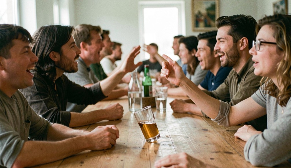 Menschen an einer langen Tafel haken sich beim Singen unter und wiegen sich im Takt, ein Glas steht schräg.