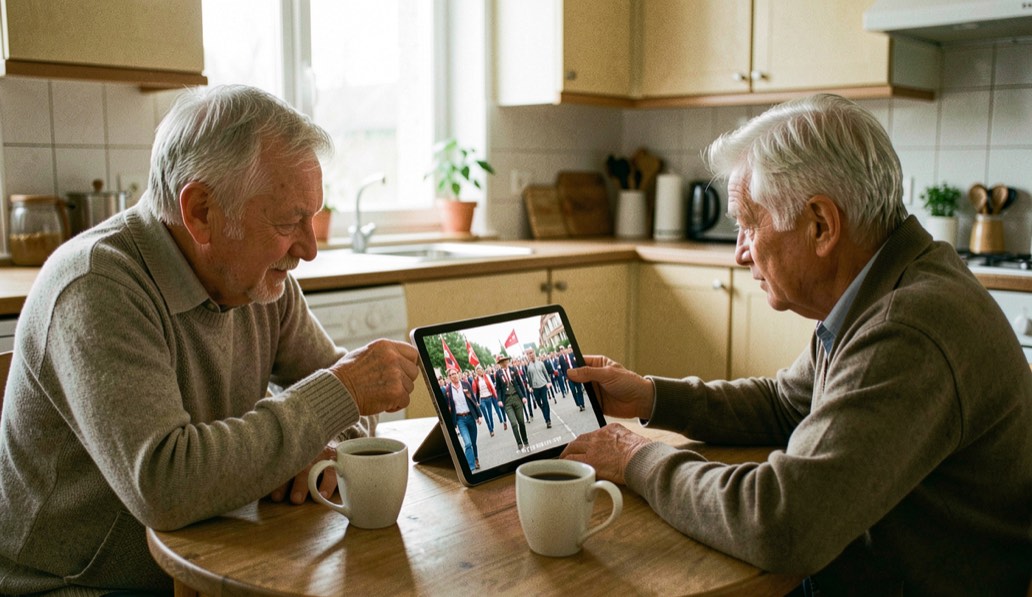 Zwei ältere Menschen sitzen zuhause am Küchentisch und verfolgen auf einem Tablet einen Festzug, daneben steht Kaffee.