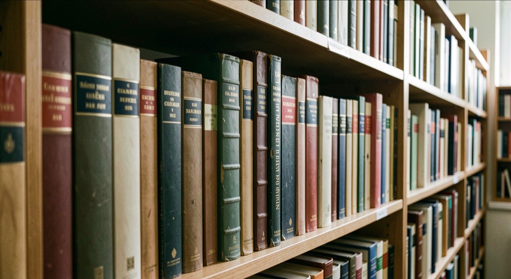 Ein Regal im Archiv mit gebundenen Festschriften und Jubiläumsbänden verschiedener Jahrzehnte, Rücken an Rücken.