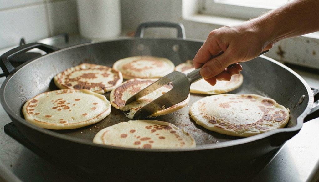In einer großen flachen Pfanne backen mehrere Reibekuchen gleichzeitig, eine Hand wendet einen davon mit dem Pfannenwender.