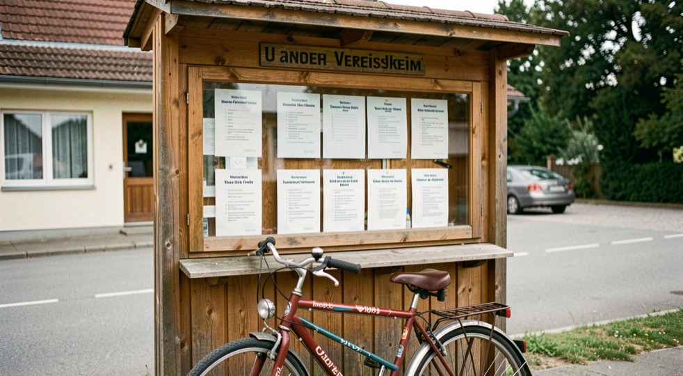 Ein hölzerner Schaukasten am Vereinsheim zeigt mehrere Aushänge mit Terminen hinter Glas, davor steht ein Fahrrad.