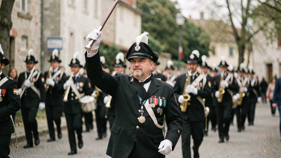 Ein Tambourmajor hebt den Stab und gibt das Zeichen zum Abmarsch, hinter ihm setzt sich die Kapelle in Bewegung.