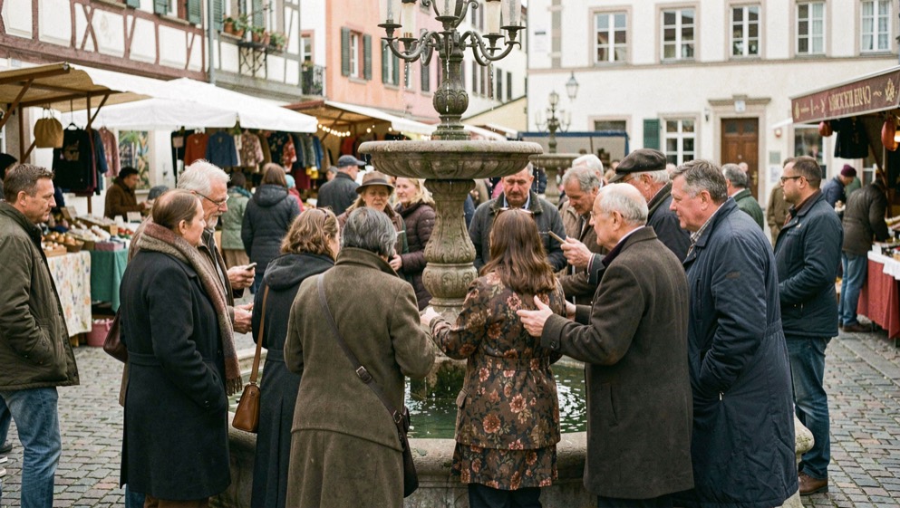 Am Brunnen auf dem Marktplatz stehen mehrere Menschen im Gedränge und halten nach jemandem Ausschau.