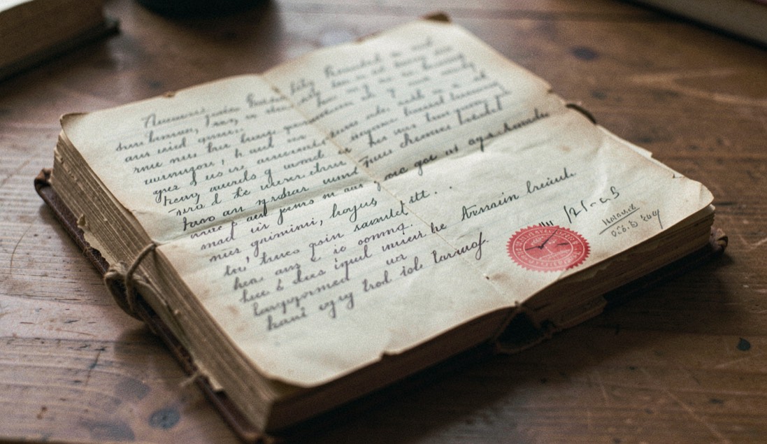 Ein vergilbtes Protokollbuch liegt aufgeschlagen da, eng beschrieben in alter Handschrift, am Rand ein rotes Siegel.