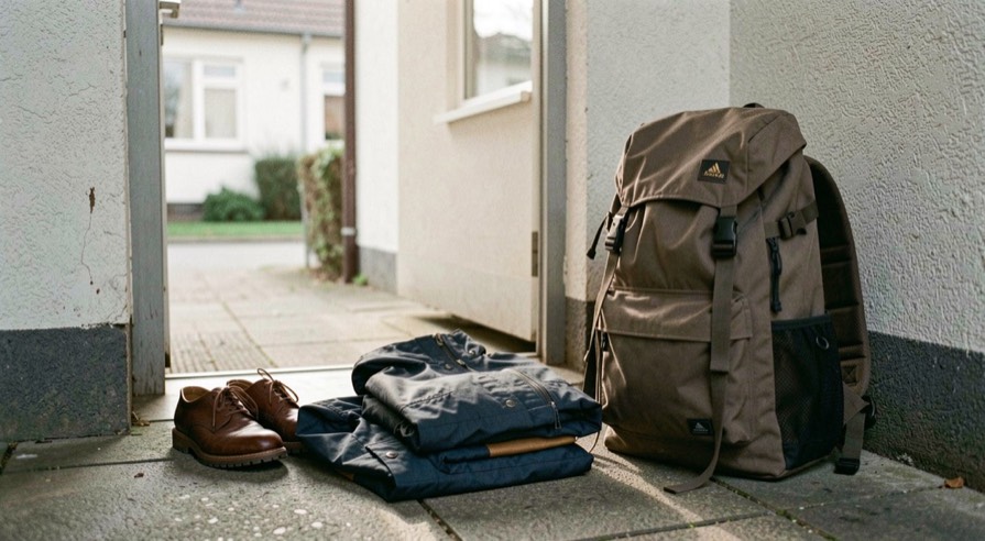 Feste Schuhe und eine zusammengelegte Regenjacke liegen am Morgen neben einer Hausbank, daneben steht ein Rucksack.