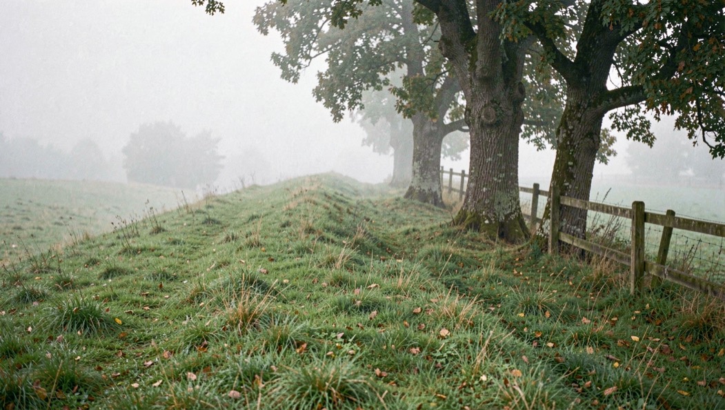 Eine leicht ansteigende Wiese am Ortsrand liegt im Morgennebel, am Rand stehen alte Eichen und ein hölzerner Zaun.